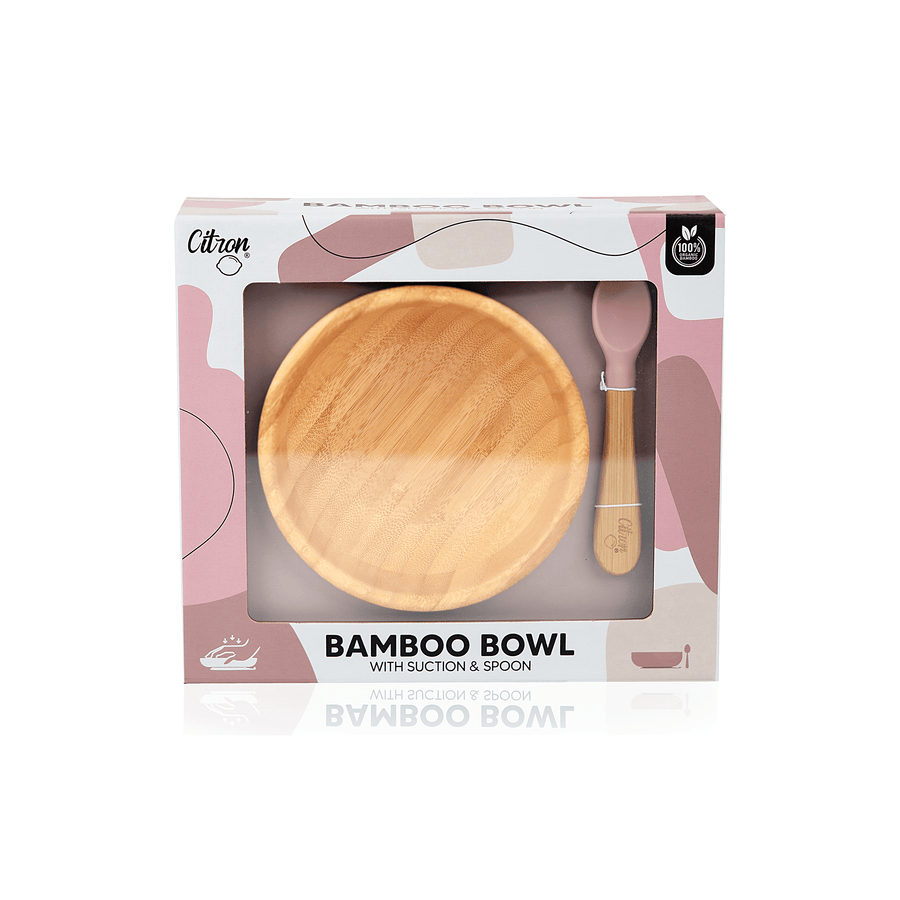 Bamboo Bowl with Suction and Spoon - Blush Pink